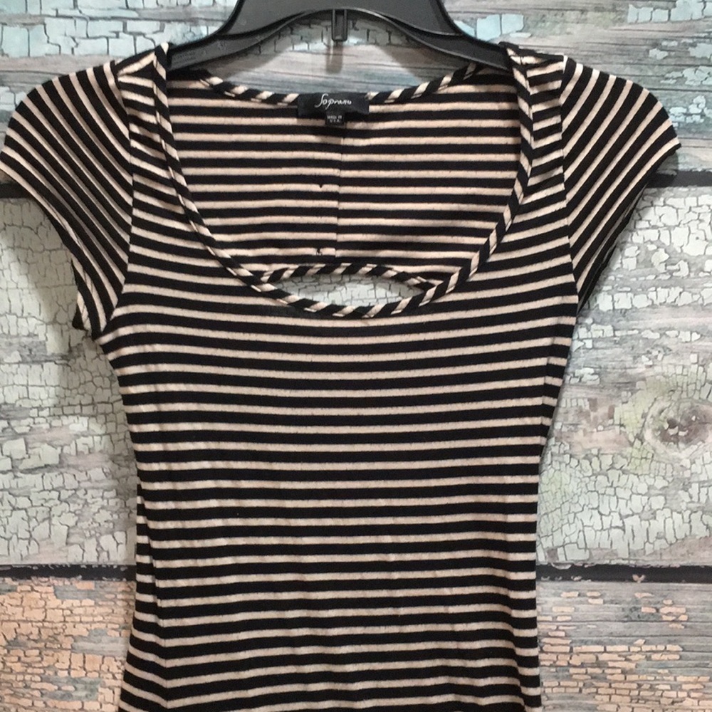 Soprano Black and Tan strip maxi dress (no size on dress) waist 22 length 56